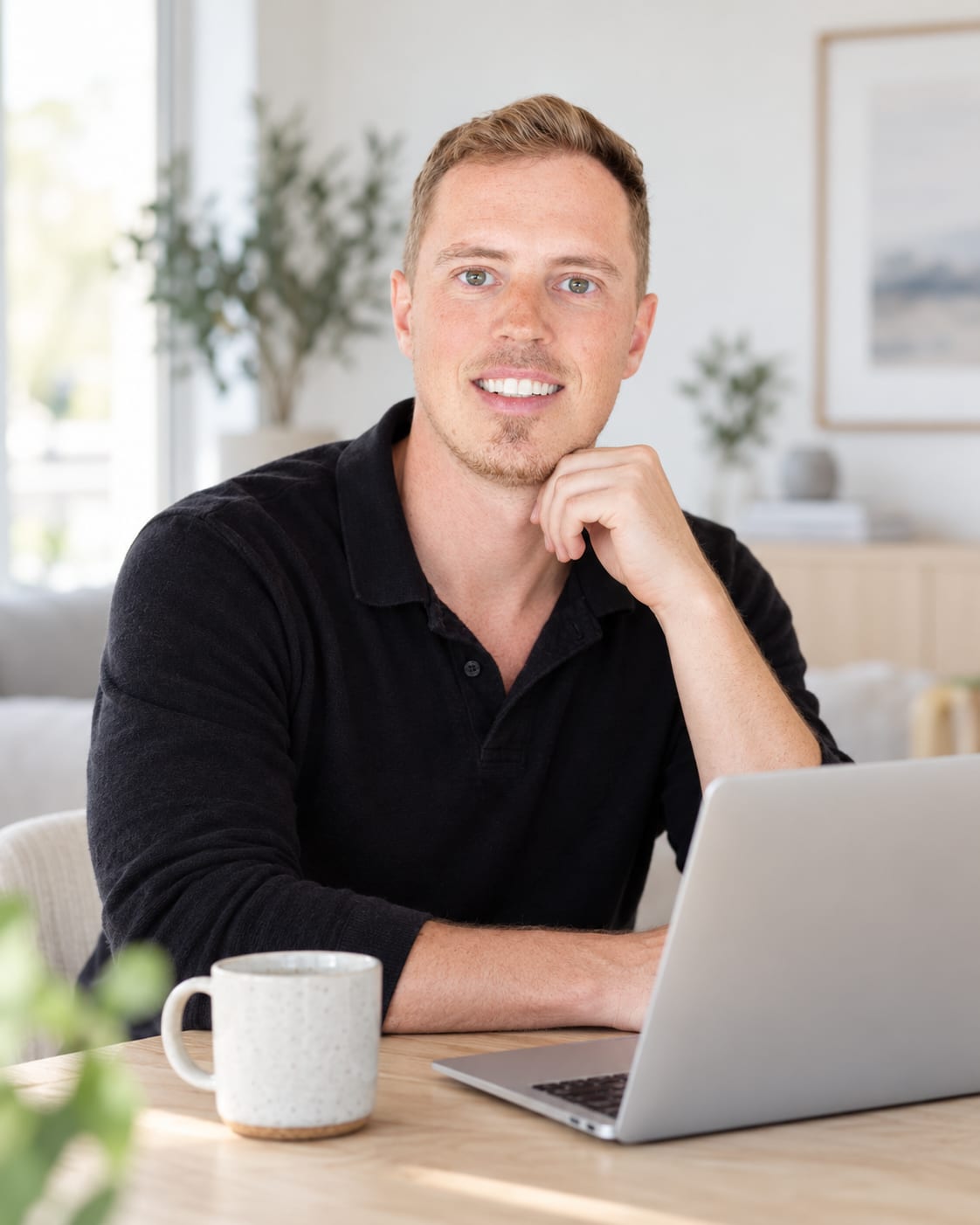 Eirik sitting at a bright wooden desk with a laptop and a cup of coffee, in a calm Scandinavian-style interior