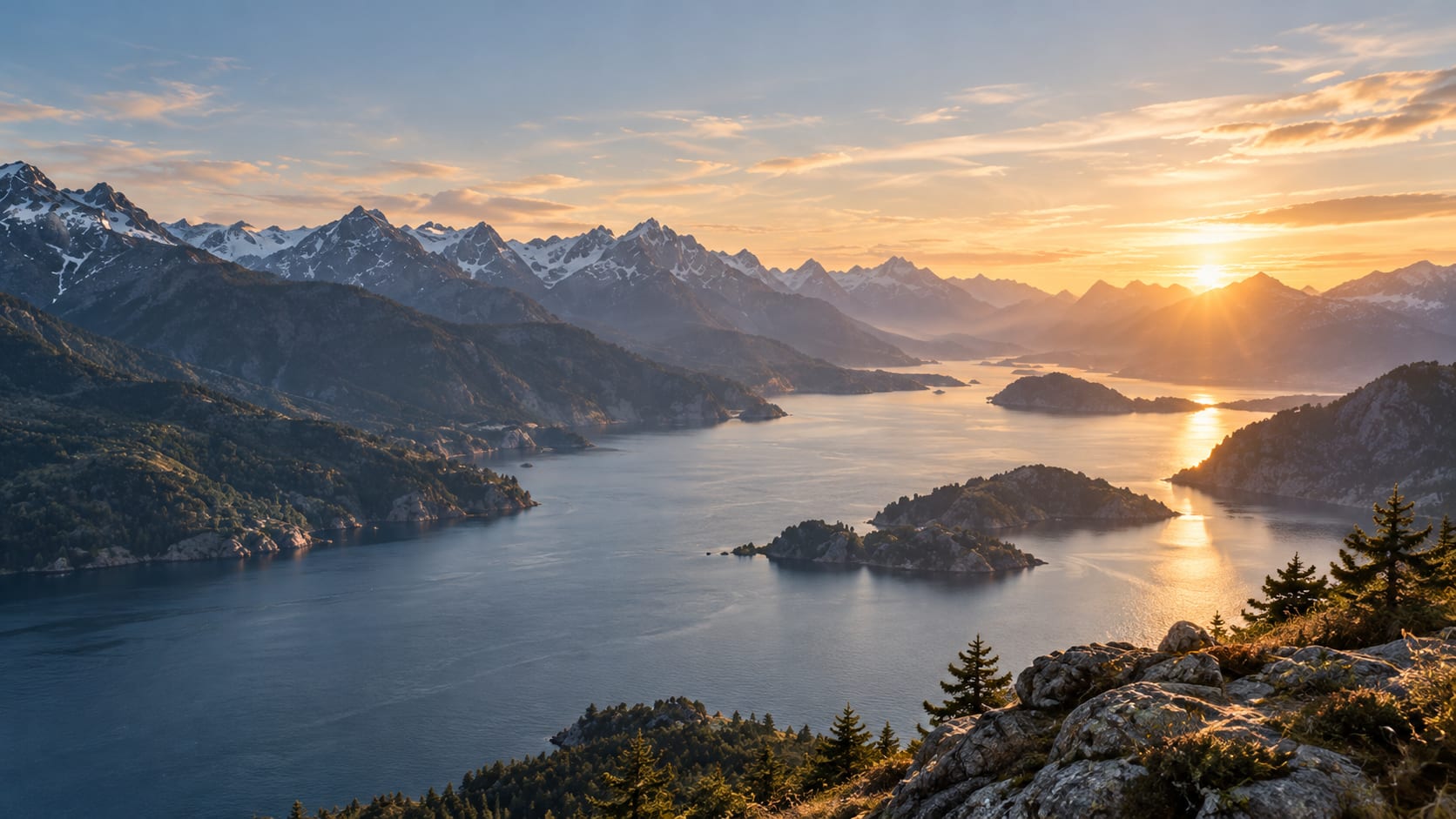 Norwegian fjord surrounded by snow-capped mountains at sunset