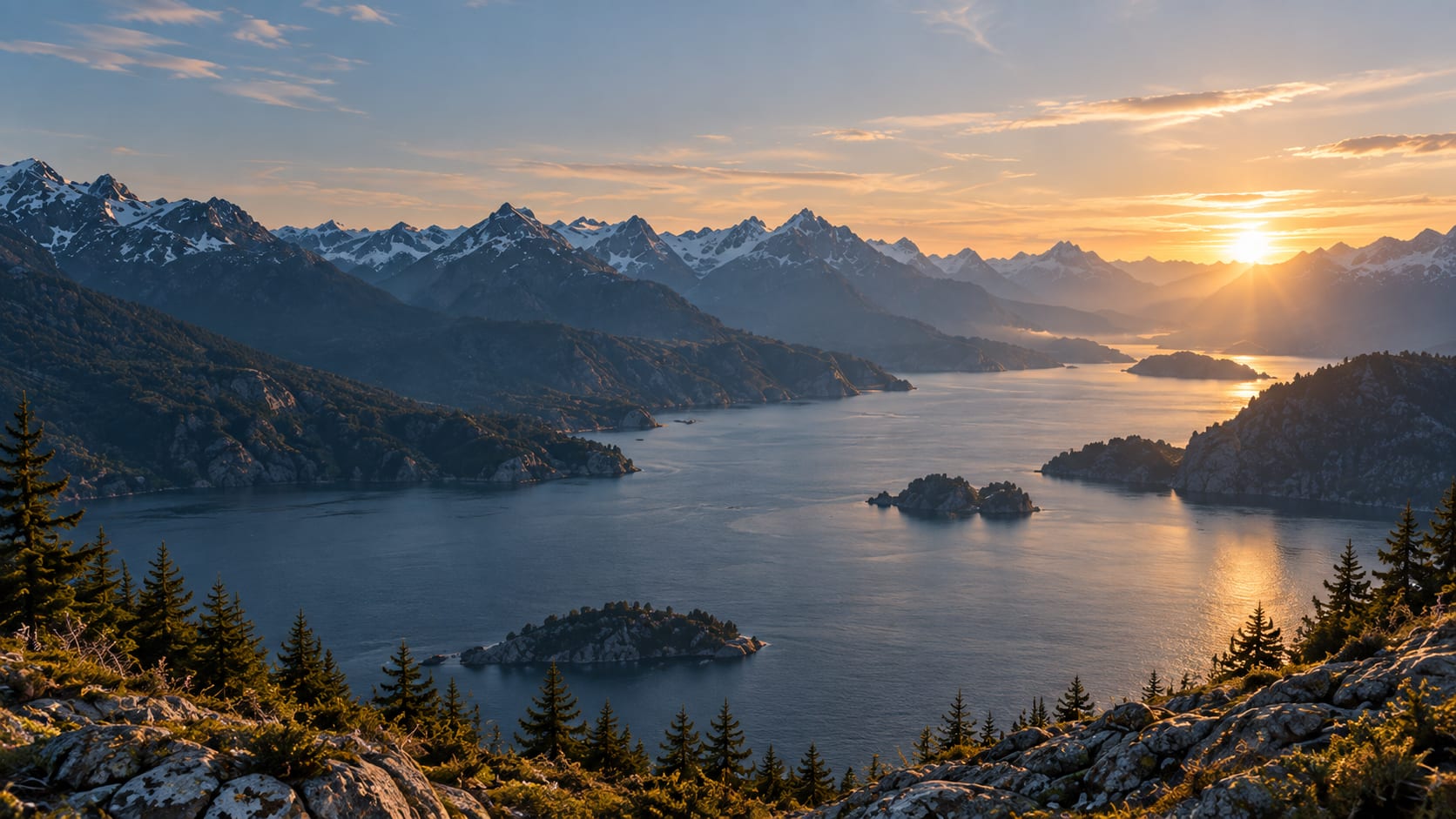 Norwegian fjord surrounded by mountains at golden hour