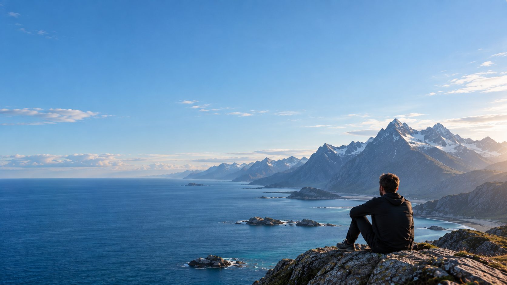 A hiker sitting on a rocky ridge above a Norwegian fjord, looking out over the mountains under a clear blue sky